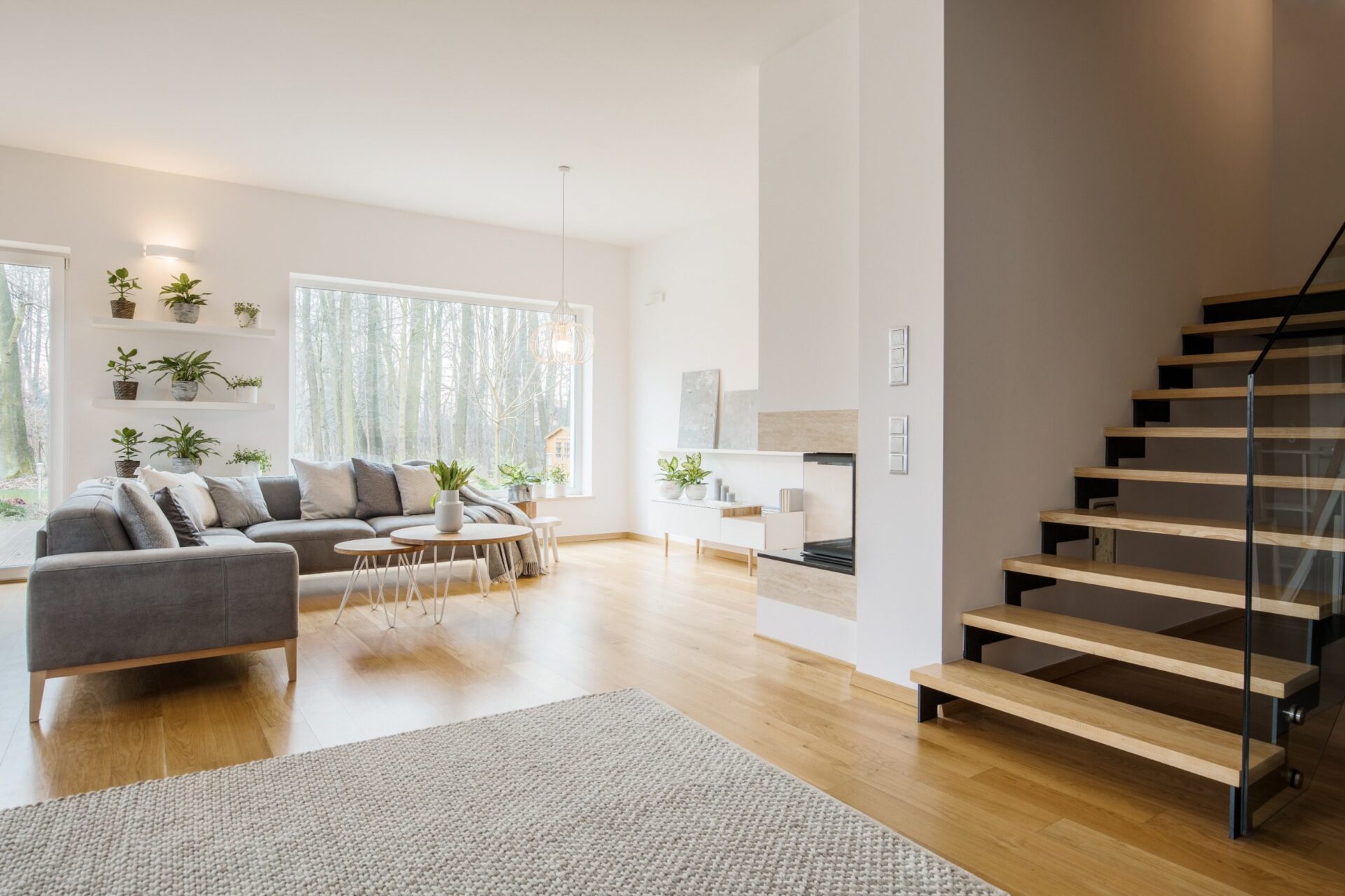 Living room interior with plants on shelves and wooden stairs